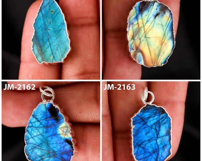 Natural Labradorite Fancy Shape Electro Plated Silver Color Pendants, Semi-Precious Gemstones For Jewelry Making