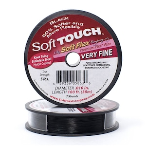 May include: Black Soft Touch Very Fine Premium Flex Wire, 50% softer and more flexible, 5 lb test strength, 0.010 inch diameter, 100 feet (30 meters) long, 7 strands, made in the USA.