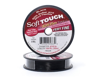 Soft Touch Black Color Very Fine .010 Inch Diameter Size, 7 Strands Beading Wire, 100 Foot Spool For Jewelry Making