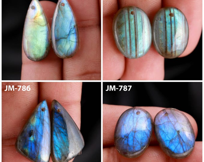 Natural Labradorite Fancy Shape Front Drilled Smooth Cabochon Matching Pairs, Semi-Precious Gemstones For Jewelry Making