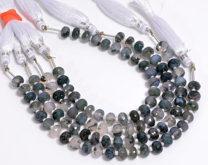 Moss Agate Faceted Center Drilled Rondelle Shape 7mm, Semi-Precious Gemstones For Jewelry Making