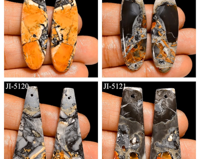 Natural Maligano Jasper Fancy Shape Front Drilled Smooth Cabochon Matching Pairs, Semi-Precious Gemstones For Jewelry Making