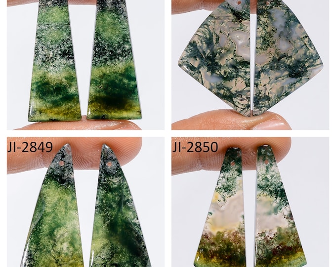 Natural Moss Agate Fancy Shape Front Drilled Smooth Cabochon Matching Pairs, Semi-Precious Gemstones For Jewelry Making