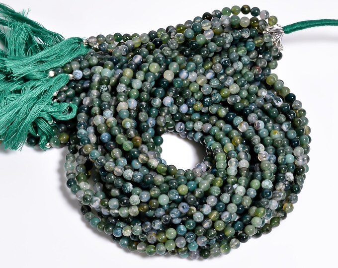 Natural Moss Agate Non-Faceted Smooth Center Drilled Round Shape 4.75mm, Semi-Precious Gemstones For Jewelry Making