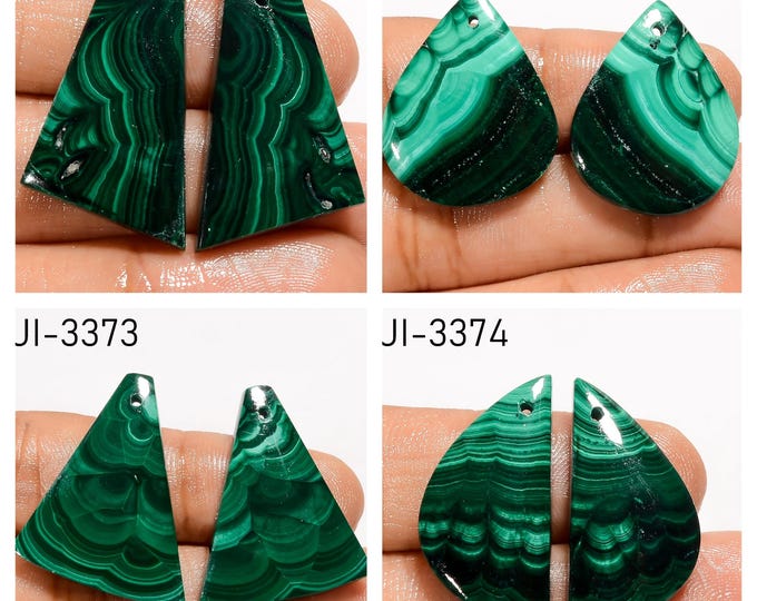 Natural Malachite Fancy Shape Front Drilled Smooth Cabochon Matching Pairs, Semi-Precious Gemstones For Jewelry Making