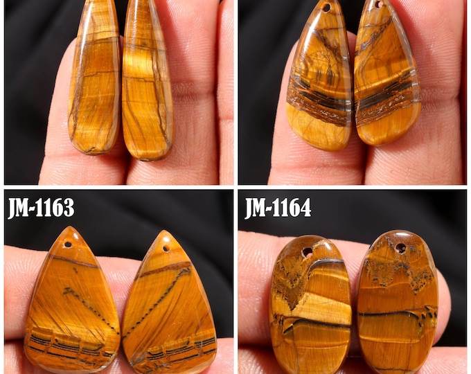 Natural Tigers Eye Fancy Shape Front Drilled Smooth Cabochon Matching Pairs, Semi-Precious Gemstones For Jewelry Making