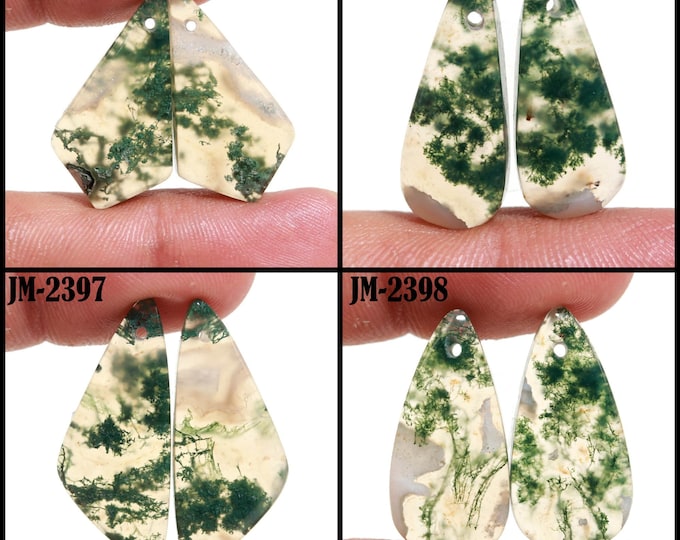 Natural Moss Agate Fancy Shape Front Drilled Smooth Cabochon Matching Pairs, Semi-Precious Gemstones For Jewelry Making