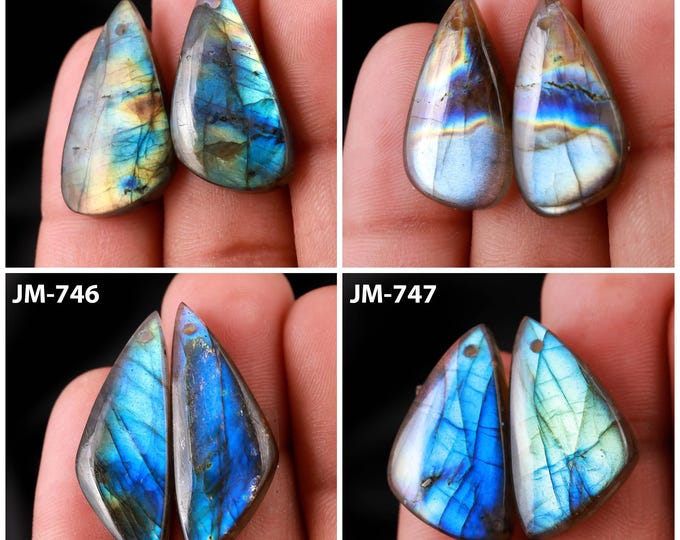 Natural Labradorite Fancy Shape Front Drilled Smooth Cabochon Matching Pairs, Semi-Precious Gemstones For Jewelry Making