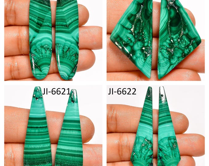Natural Malachite Fancy Shape Front Drilled Smooth Cabochon Matching Pairs, Semi-Precious Gemstones For Jewelry Making