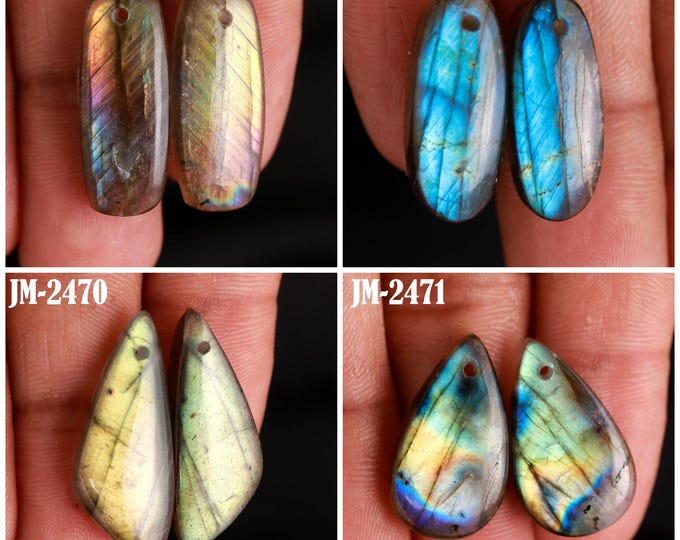 Natural Labradorite Fancy Shape Front Drilled Smooth Cabochon Matching Pairs, Semi-Precious Gemstones For Jewelry Making