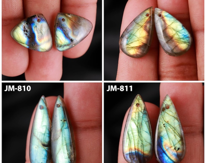 Natural Labradorite Fancy Shape Front Drilled Smooth Cabochon Matching Pairs, Semi-Precious Gemstones For Jewelry Making