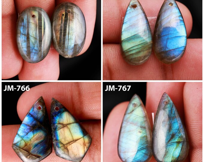 Natural Labradorite Fancy Shape Front Drilled Smooth Cabochon Matching Pairs, Semi-Precious Gemstones For Jewelry Making