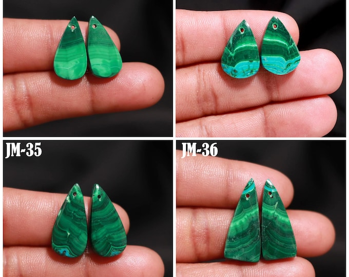 Natural Malachite Fancy Shape Front Drilled Smooth Cabochon Matching Pairs, Semi-Precious Gemstones For Jewelry Making