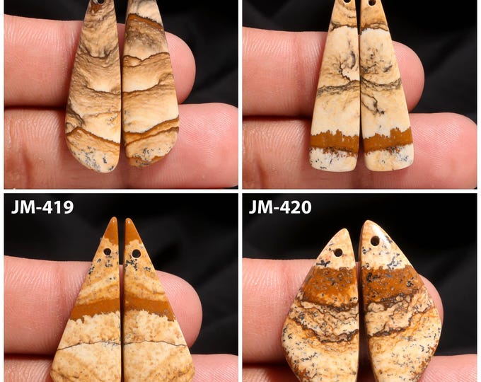 Natural Picture Jasper Fancy Shape Front Drilled Smooth Cabochon Matching Pairs, Semi-Precious Gemstones For Jewelry Making