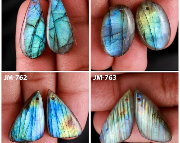 Natural Labradorite Fancy Shape Front Drilled Smooth Cabochon Matching Pairs, Semi-Precious Gemstones For Jewelry Making