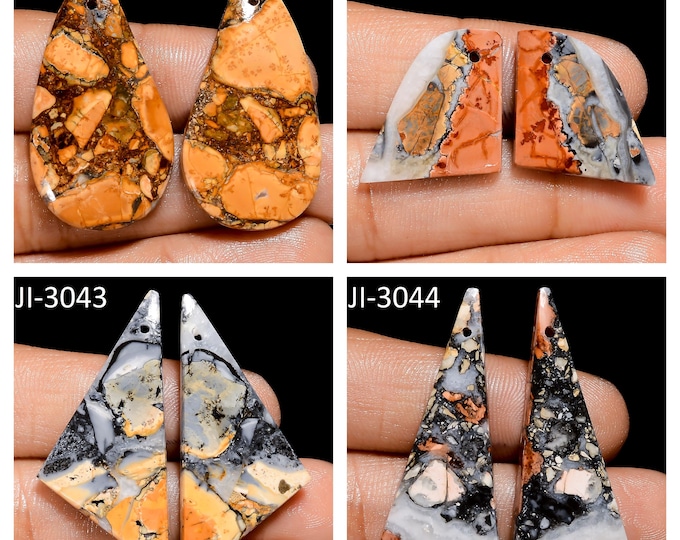 Natural Maligano Jasper Fancy Shape Front Drilled Smooth Cabochon Matching Pairs, Semi-Precious Gemstones For Jewelry Making