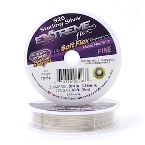 May include: Two spools of 925 Sterling Silver Extreme Flex plated wire. The label reads "Fine" and includes the text "Now with Extreme Abrasion Resistance." The wire diameter is .014 in. (.36mm) and the length is 30 ft. (9m).