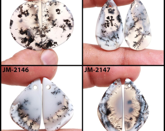 Natural Dendrite Agate Fancy Shape Front Drilled Smooth Cabochon Matching Pairs, Semi-Precious Gemstones For Jewelry Making