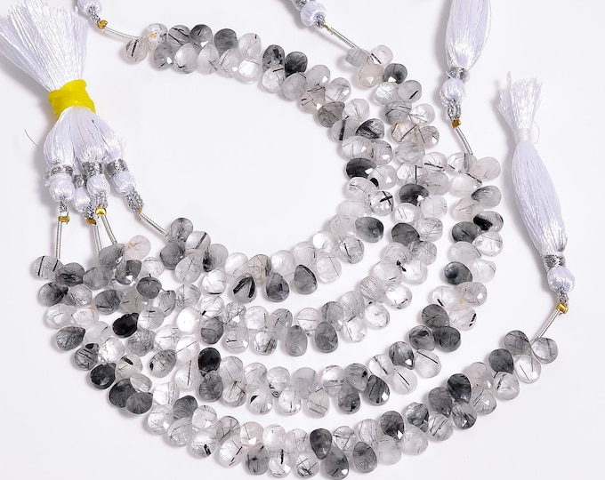 Black Rutile Quartz Faceted Side Drilled Pear Shape Briolette 5mm x 7mm, Semi-Precious Gemstones For Jewelry Making
