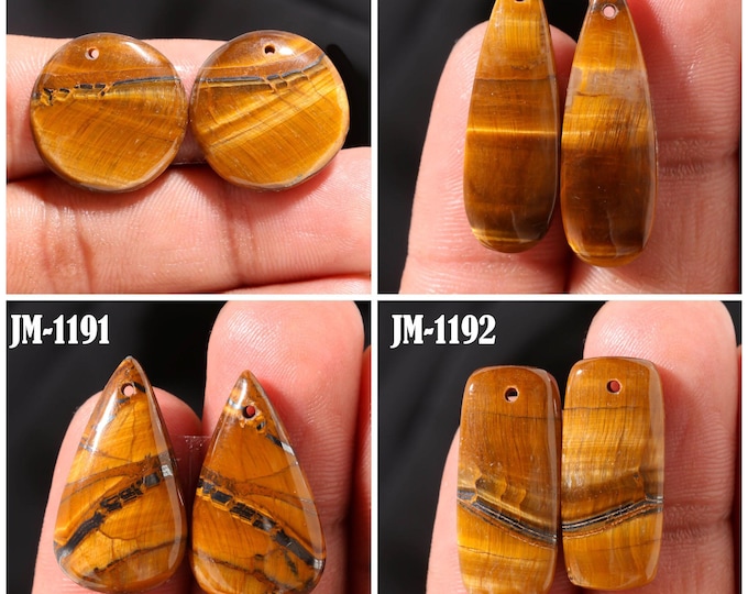 Natural Tigers Eye Fancy Shape Front Drilled Smooth Cabochon Matching Pairs, Semi-Precious Gemstones For Jewelry Making