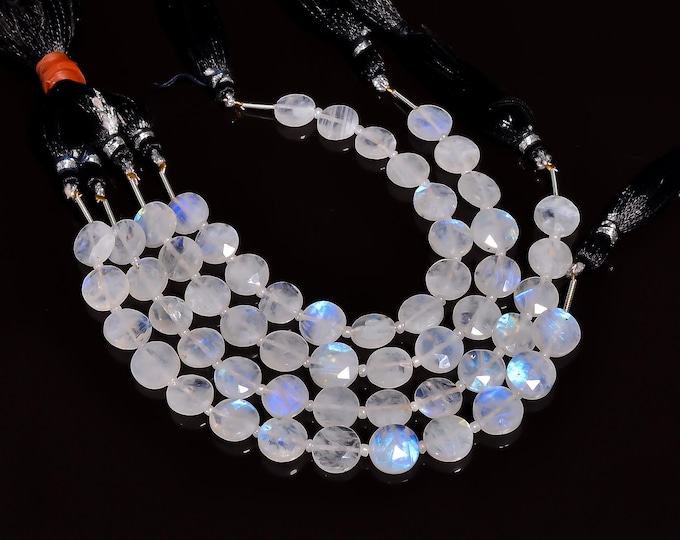 Natural Rainbow Moonstone Faceted Center Drilled Coin Shape 10mm, Semi-Precious Gemstones For Jewelry Making