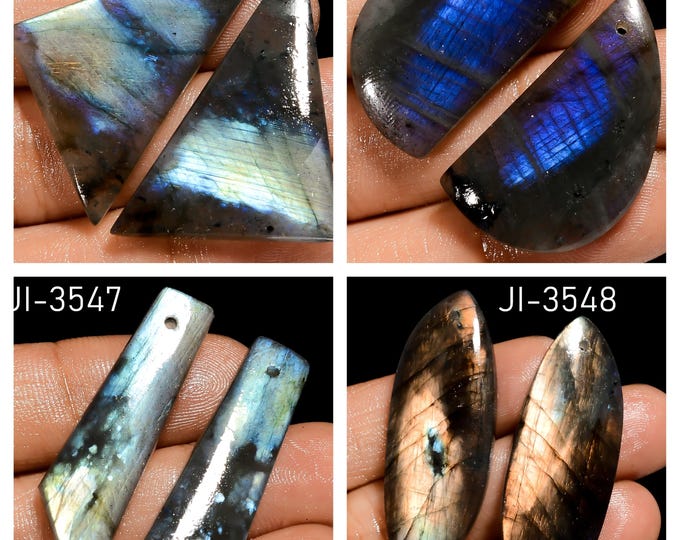 Natural Labradorite Fancy Shape Front Drilled Smooth Cabochon Matching Pairs, Semi-Precious Gemstones For Jewelry Making