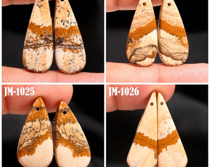Natural Picture Jasper Fancy Shape Front Drilled Smooth Cabochon Matching Pairs, Semi-Precious Gemstones For Jewelry Making
