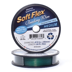 May include: A spool of Green Emerald Soft Flex beading wire. The label specifies medium diameter .019 inches, 30 feet length, 49 strands, and 26 lbs test strength. This stainless steel, nylon coated wire is designed for glass, mineral, and metal beads.