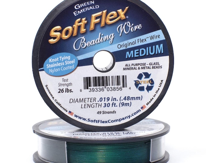 Soft Flex Emerald Green Color Medium .019 Inch Diameter Size, 49 Strands Beading Wire, 30 Foot Spool For Jewelry Making