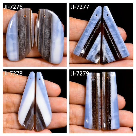 Natural Owyhee Blue Opal Fancy Shape Front Drilled Smooth Cabochon Matching Pairs, Semi-Precious Gemstones For Jewelry Making