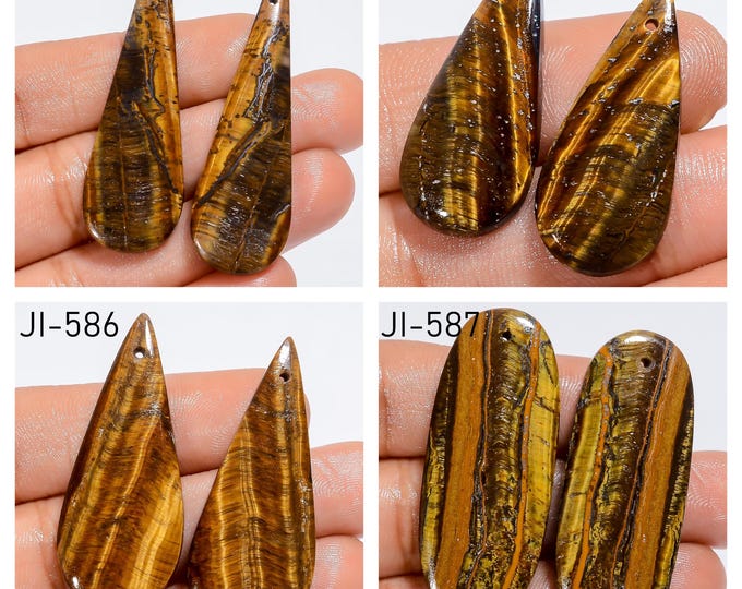 Natural Tigers Eye Fancy Shape Front Drilled Smooth Cabochon Matching Pairs, Semi-Precious Gemstones For Jewelry Making