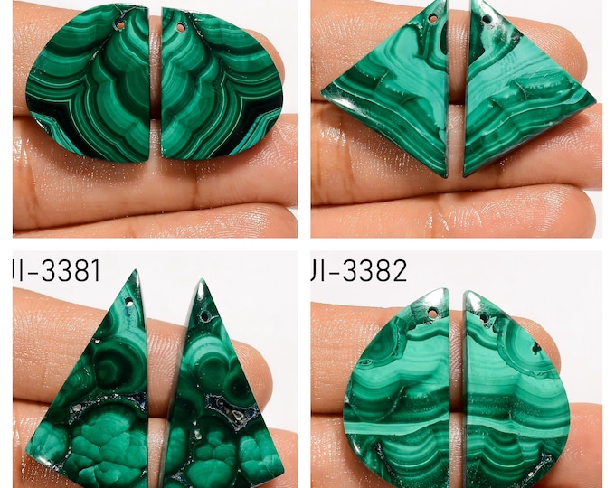 Natural Malachite Fancy Shape Front Drilled Smooth Cabochon Matching Pairs, Semi-Precious Gemstones For Jewelry Making