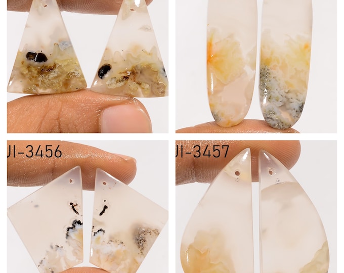 Natural Plume Agate Fancy Shape Front Drilled Smooth Cabochon Matching Pairs, Semi-Precious Gemstones For Jewelry Making
