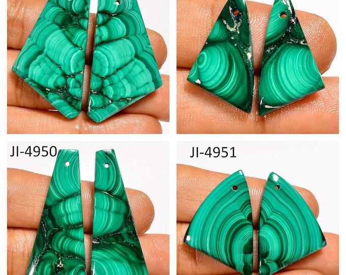 Natural Malachite Fancy Shape Front Drilled Smooth Cabochon Matching Pairs, Semi-Precious Gemstones For Jewelry Making