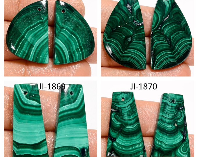 Natural Malachite Fancy Shape Front Drilled Smooth Cabochon Matching Pairs, Semi-Precious Gemstones For Jewelry Making