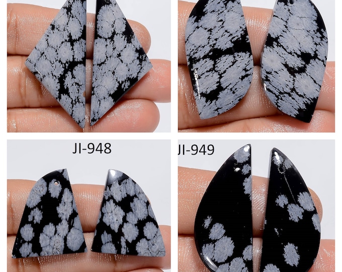 Natural Snowflake Obsidian Fancy Shape Front Drilled Smooth Cabochon Matching Pairs, Semi-Precious Gemstones For Jewelry Making