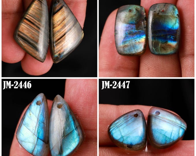 Natural Labradorite Fancy Shape Front Drilled Smooth Cabochon Matching Pairs, Semi-Precious Gemstones For Jewelry Making