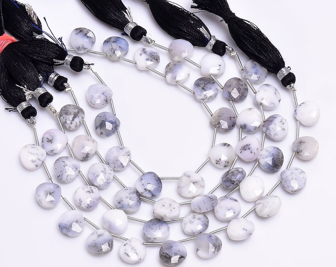 Dendrite Opal Faceted Side Drilled Heart Shape Briolette 10.25mm, Semi-Precious Gemstones For Jewelry Making