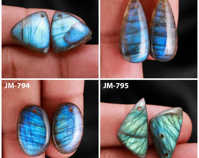 Natural Labradorite Fancy Shape Front Drilled Smooth Cabochon Matching Pairs, Semi-Precious Gemstones For Jewelry Making