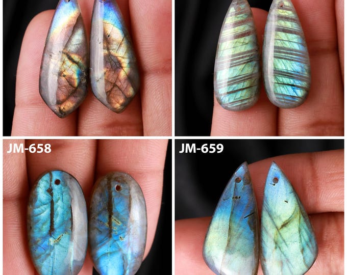 Natural Labradorite Fancy Shape Front Drilled Smooth Cabochon Matching Pairs, Semi-Precious Gemstones For Jewelry Making