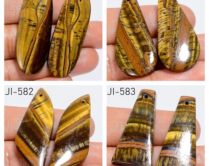 Natural Tigers Eye Fancy Shape Front Drilled Smooth Cabochon Matching Pairs, Semi-Precious Gemstones For Jewelry Making