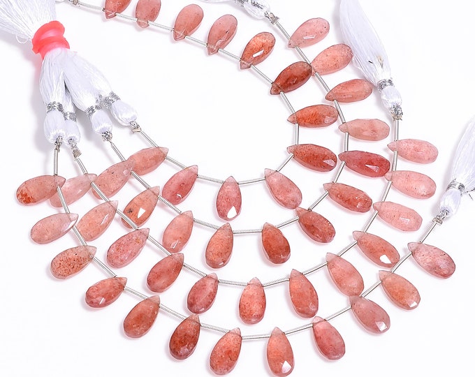 Strawberry Quartz Faceted Side Drilled Pear Shape Briolette 7mm x 14mm, Semi-Precious Gemstones For Jewelry Making
