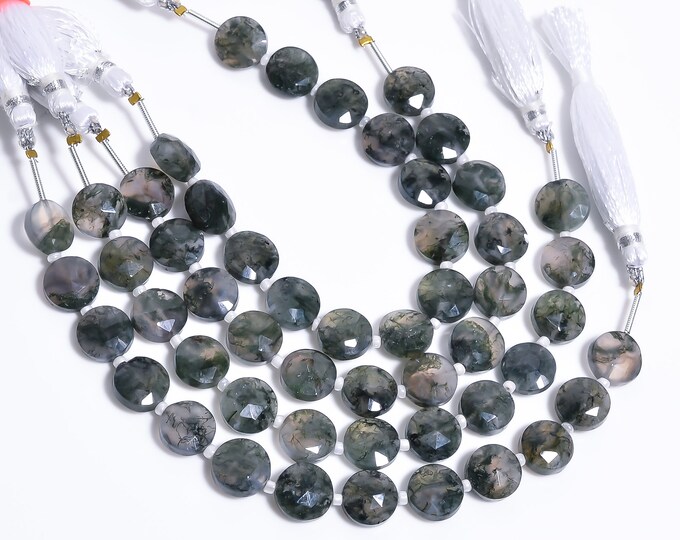 Moss Agate Faceted Center Drilled Coin Shape 10.25mm, Semi-Precious Gemstones For Jewelry Making
