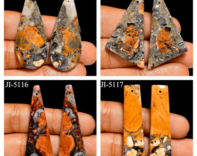 Natural Maligano Jasper Fancy Shape Front Drilled Smooth Cabochon Matching Pairs, Semi-Precious Gemstones For Jewelry Making
