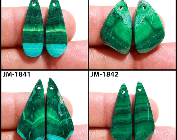 Natural Malachite Fancy Shape Front Drilled Smooth Cabochon Matching Pairs, Semi-Precious Gemstones For Jewelry Making