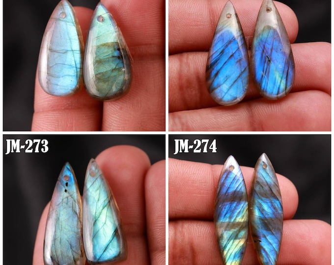 Natural Labradorite Fancy Shape Front Drilled Smooth Cabochon Matching Pairs, Semi-Precious Gemstones For Jewelry Making