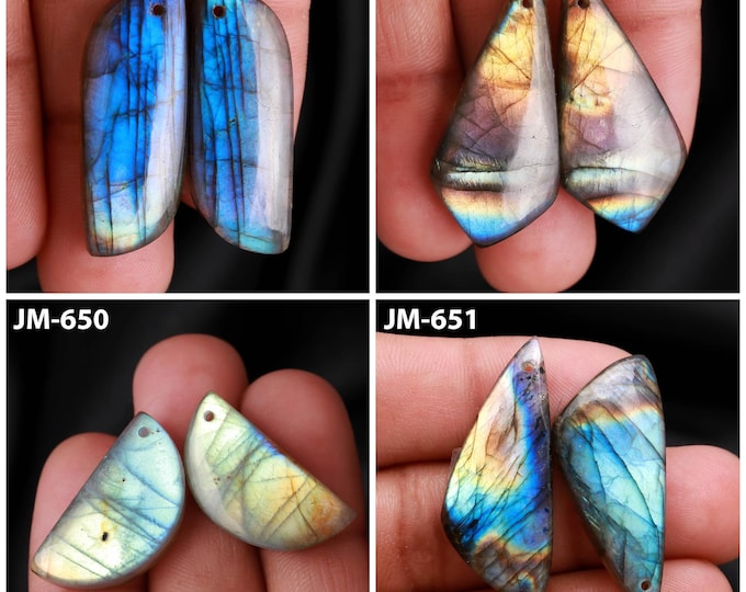 Natural Labradorite Fancy Shape Front Drilled Smooth Cabochon Matching Pairs, Semi-Precious Gemstones For Jewelry Making