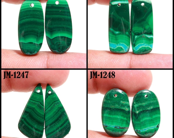 Natural Malachite Fancy Shape Front Drilled Smooth Cabochon Matching Pairs, Semi-Precious Gemstones For Jewelry Making