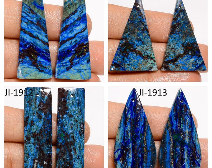 Natural Azurite Fancy Shape Front Drilled Smooth Cabochon Matching Pairs, Semi-Precious Gemstones For Jewelry Making