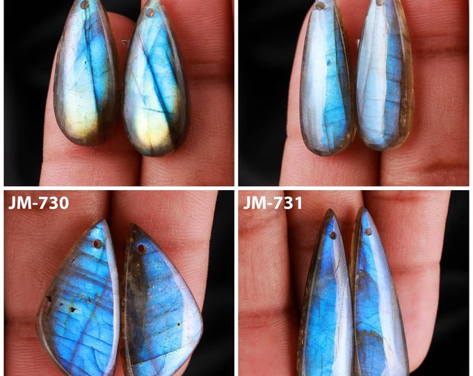 Natural Labradorite Fancy Shape Front Drilled Smooth Cabochon Matching Pairs, Semi-Precious Gemstones For Jewelry Making